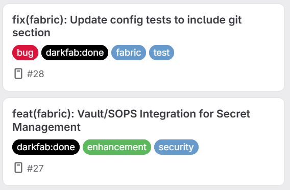 Two GitLab tickets autonomously created and completed by Darkfab – a Vault/SOPS integration and a config test fix